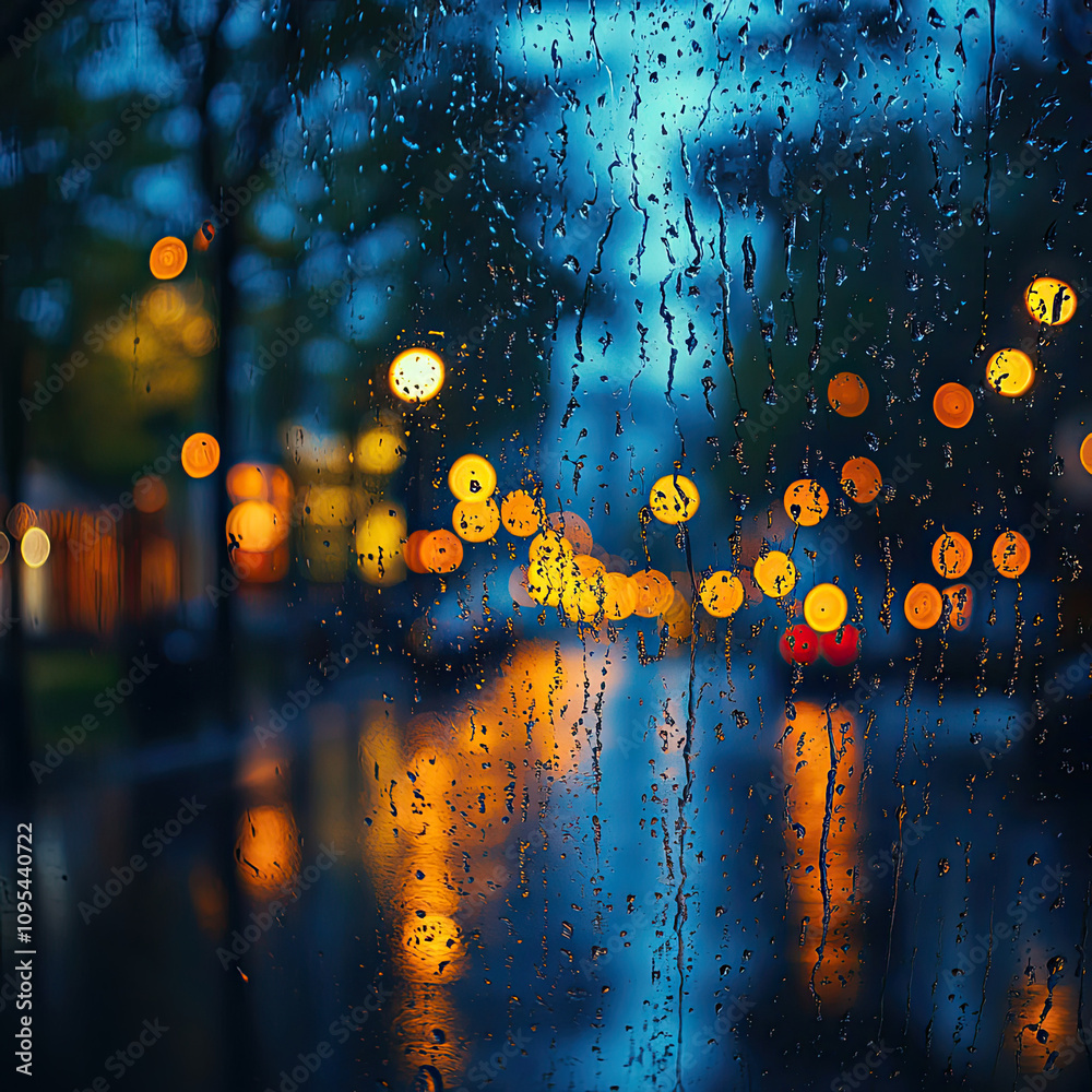 Obraz premium Rainy Night City Lights Through Window