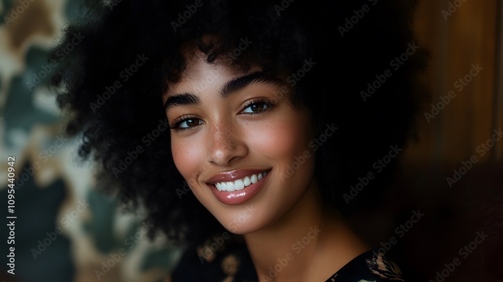 A black poised woman with natural hair smiles gracefully A black poised woman with natural hair smiles gracefully
