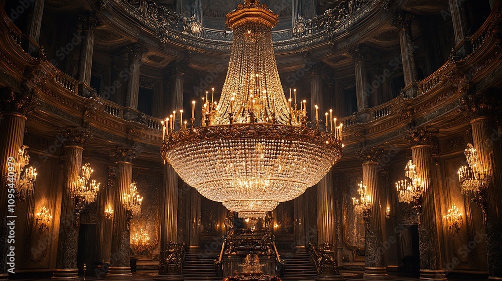 Obraz premium A large, ornate room with tall columns and a massive crystal chandelier.
