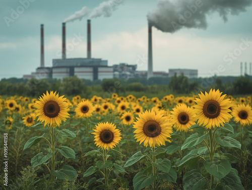 Sonnenblumenfeld vor Industriekulisse mit rauchenden Schornsteinen

 photo