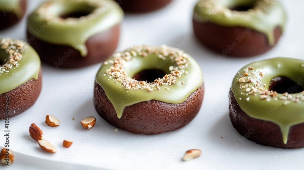 Chocolate donuts with matcha chocolate glaze and nut topping on white background captured in high resolution Chocolate donuts with matcha chocolate glaze and nut topping on white background captured in high resolution