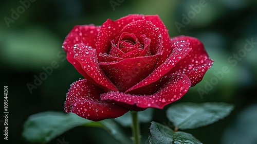 A vibrant red rose, covered in water droplets, is centered in the image.