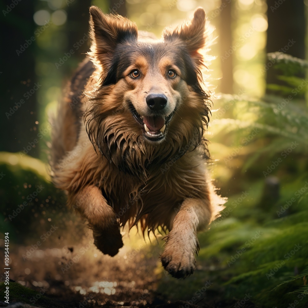 A light brown dog with floppy ears is running through a forest. It looks happy. A light brown dog with floppy ears is running through a forest. It looks happy.