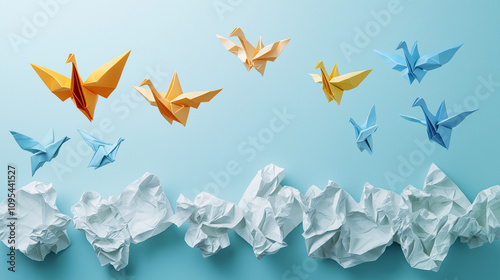 Bunte Origami-Vögel fliegen über zerknülltem weißen Papier

 photo