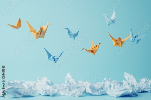 Bunte Origami-Vögel fliegen über zerknülltem weißen Papier

 photo