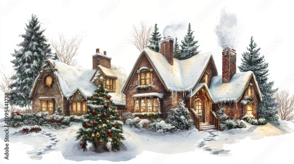 Fototapeta premium Snow-covered landscape with cozy cottages. Christmas atmosphere. Modern illustration. White background.