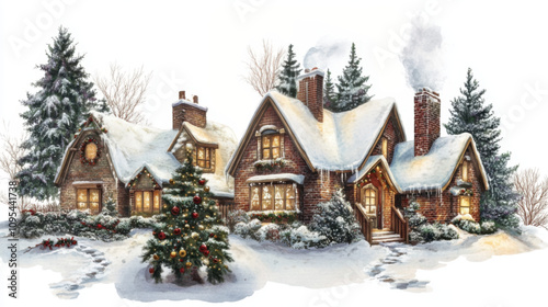 Snow-covered landscape with cozy cottages. Christmas atmosphere. Modern illustration. White background.