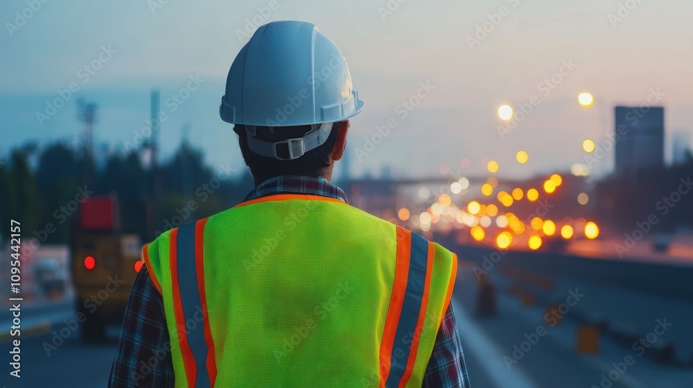 construction worker wearing vest and helmet for safety . working on a high-speed highway construction site
