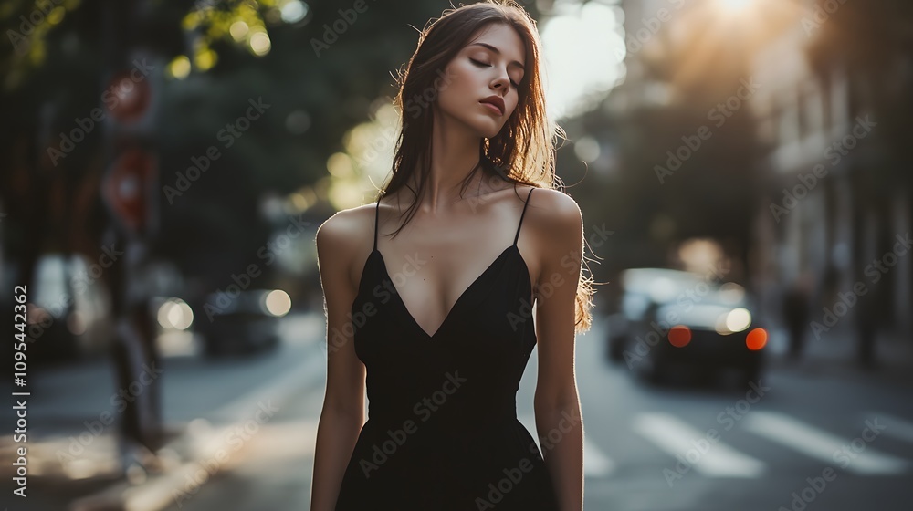 Fototapeta premium A woman in a black dress standing on the street