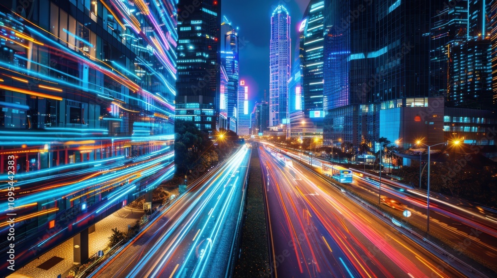 Fototapeta premium Nighttime cityscape with vibrant light trails and skyscrapers.
