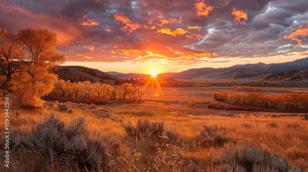 A breathtaking sunset over a serene landscape with golden foliage and rolling hills. A breathtaking sunset over a serene landscape with golden foliage and rolling hills.