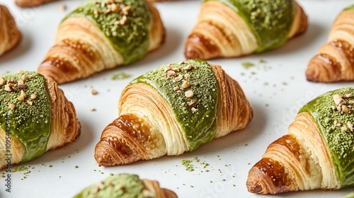 Delightful green croissants with matcha chocolate and nut sprinkles arranged beautifully on a white surface