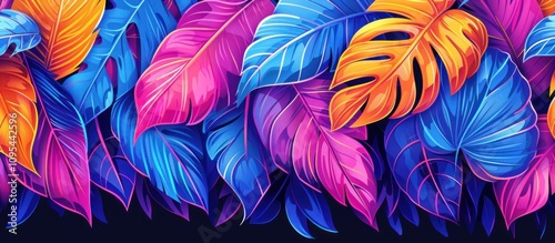 Vibrant tropical leaves in neon colors.