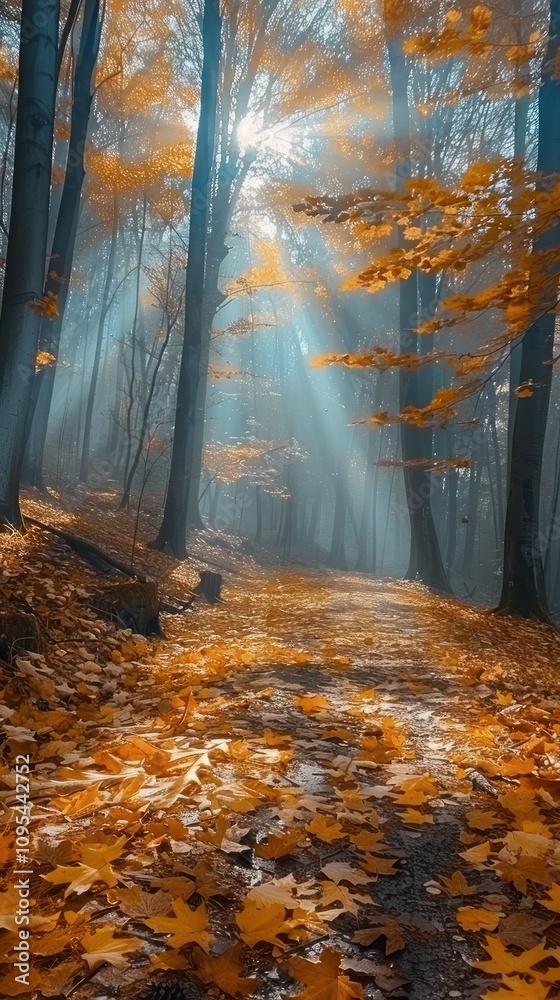 Sunbeams illuminate a misty autumn forest path strewn with fallen leaves. Sunbeams illuminate a misty autumn forest path strewn with fallen leaves.