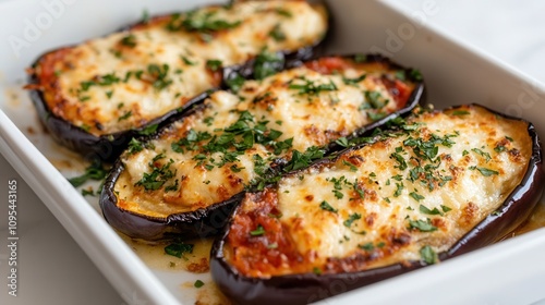 Delicious gratinated eggplants topped with melted cheese and herbs, served fresh from the oven