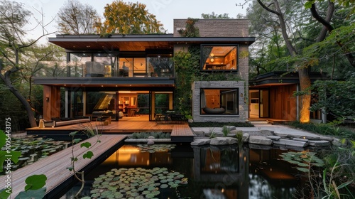 Modern house with greenery and water features, blending architecture with nature.