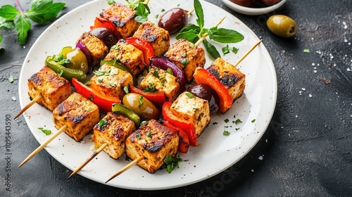 Delicious Greek tofu skewers served with olives and grilled peppers on a white plate in natural light