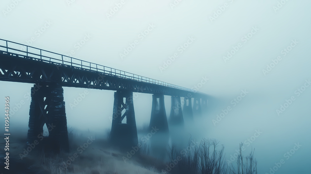 A foggy railroad bridge fades into the distance, shrouded by the haze of the landscape. Mysterious Foggy Bridge. Illustration A foggy railroad bridge fades into the distance, shrouded by the haze of the landscape. Mysterious Foggy Bridge. Illustration
