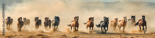 Wild horses thunder across the plains, kicking up dust and leaving a trail of chaos in their wake.