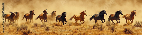 Wild horses thunder across the plains, kicking up dust and leaving a trail of chaos in their wake. photo