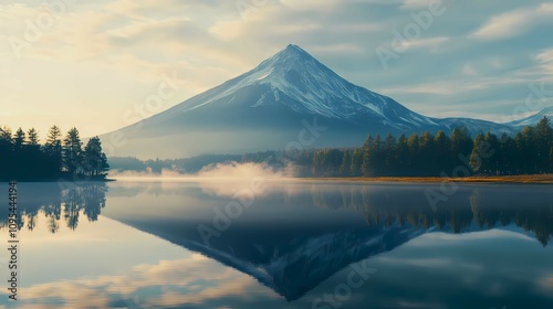 Volcanic mountain in morning light reflected in calm waters of lake