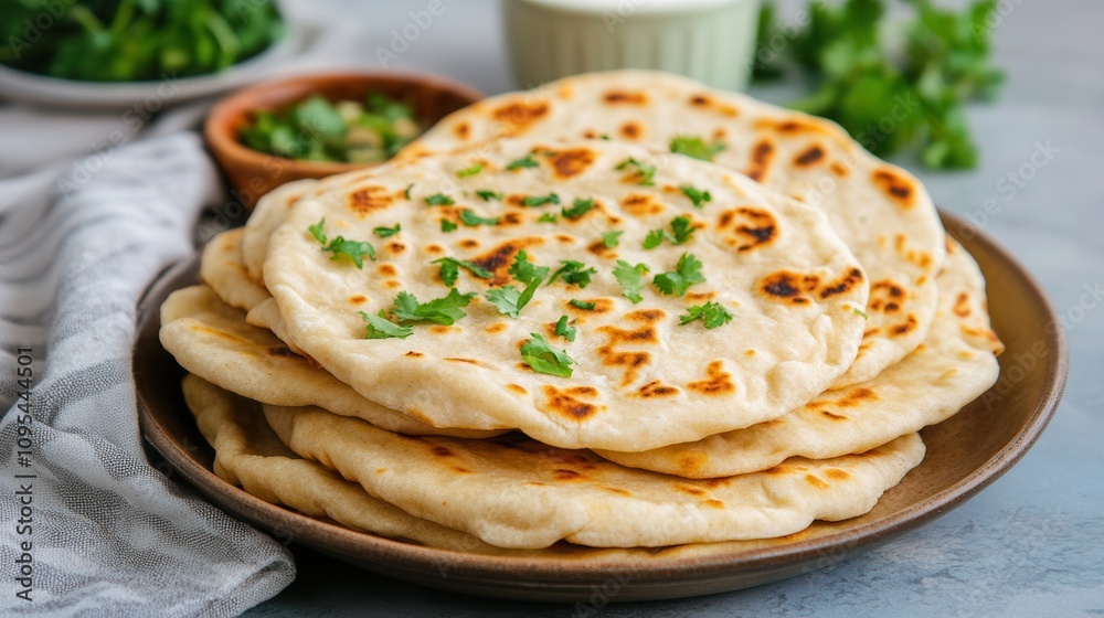 Homemade whole wheat naan flatbread served with fresh herbs and yogurt Homemade whole wheat naan flatbread served with fresh herbs and yogurt