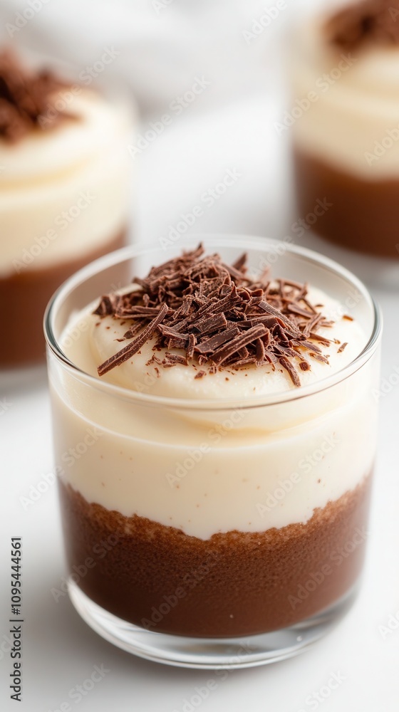 Layered chocolate and vanilla pudding cups with chocolate shavings create a tempting dessert experience Layered chocolate and vanilla pudding cups with chocolate shavings create a tempting dessert experience