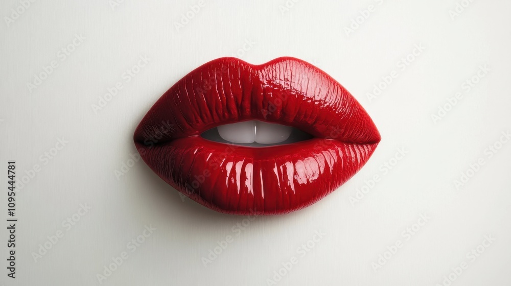 Obraz premium Pair of full, red lips with a glossy finish, slightly parted to reveal a hint of teeth