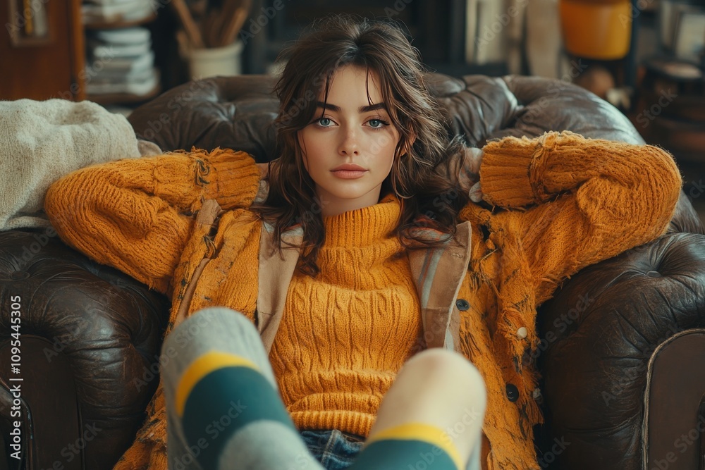 A woman in an eclectic outfit of cozy knitwear and casual-chic clothing, embodying a quirky and stylish character. Generative AI A woman in an eclectic outfit of cozy knitwear and casual-chic clothing, embodying a quirky and stylish character. Generative AI