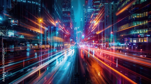 A vibrant cityscape at night with dynamic light trails from vehicles.