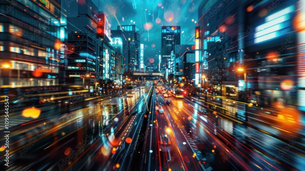 A vibrant cityscape at night with blurred lights and reflections on wet streets.