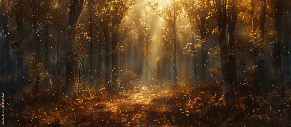 Sunlit autumn forest path with falling leaves. (1) Sunlit autumn forest path with falling leaves. (1)