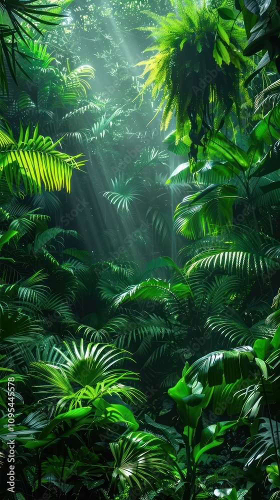Sunbeams illuminating lush, vibrant green tropical foliage. Sunbeams illuminating lush, vibrant green tropical foliage.
