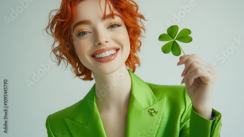 Stylish woman with red hair in green suit celebrating St Patrick's Day with a clover leaf