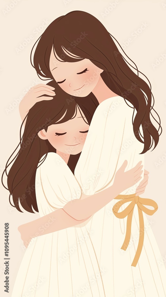 Illustration of a loving mother embracing her smiling daughter