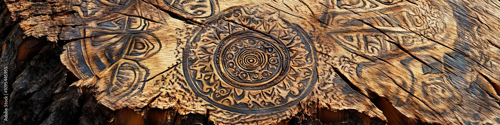 Obraz premium A tree stump carved with designs, using the technique of pyrography.