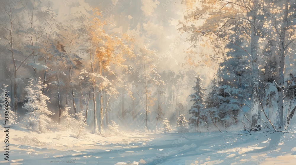 A serene winter landscape with snow-covered trees and soft, golden light. A serene winter landscape with snow-covered trees and soft, golden light.