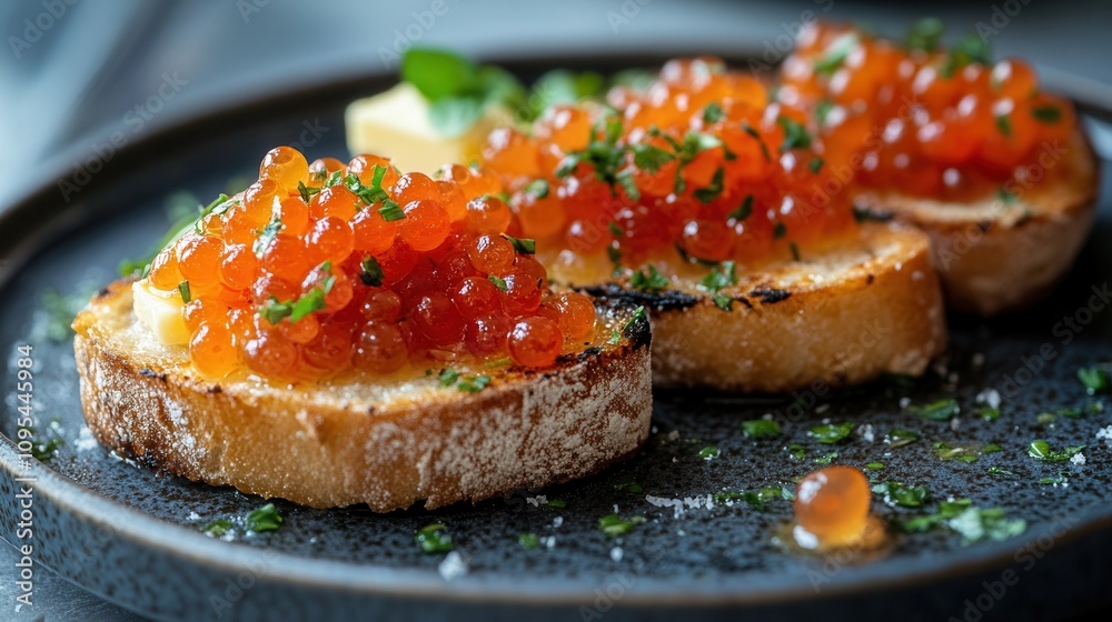 Enjoying bruschetta topped with butter and vibrant red caviar, captured with mirrorless Canon R6 and 50mm lens in gourmet setting Enjoying bruschetta topped with butter and vibrant red caviar, captured with mirrorless Canon R6 and 50mm lens in gourmet setting
