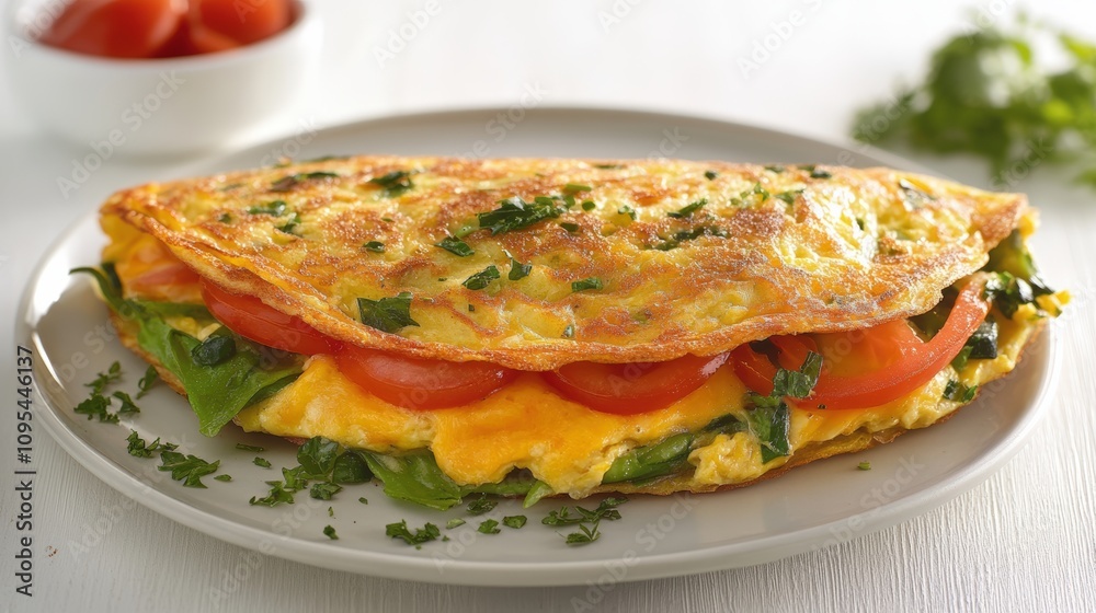 Vegetarian omelet with colorful vegetables on a beige plate Vegetarian omelet with colorful vegetables on a beige plate