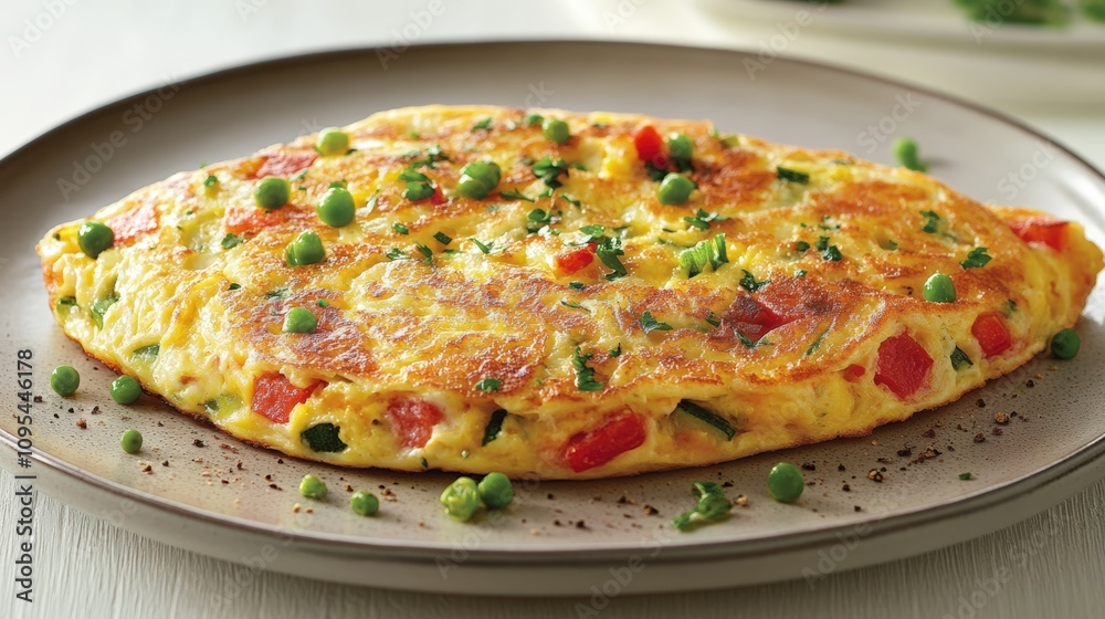 Vegetarian omelet with colorful vegetables on a beige plate Vegetarian omelet with colorful vegetables on a beige plate