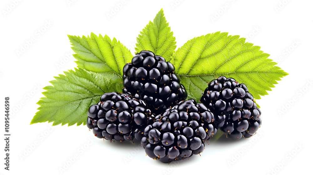 Blackberries with their accompanying leaves, displayed against a clean white background Blackberries with their accompanying leaves, displayed against a clean white background
