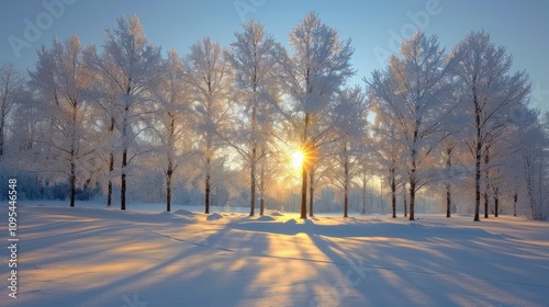 A serene winter scene with frosted trees and sunlight breaking through.