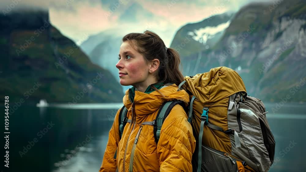 Female hiker with a backpack against the backdrop of the sea bay and fjord. Female hiker with a backpack against the backdrop of the sea bay and fjord.