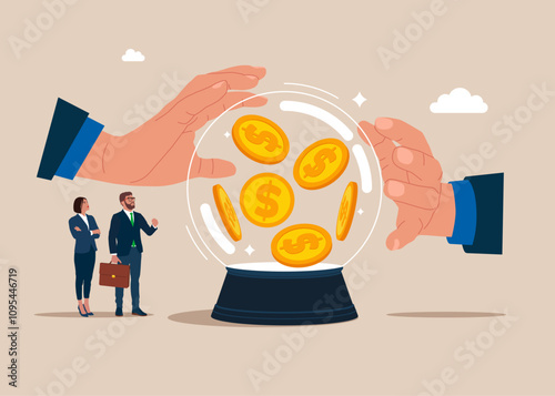 Crystal magic ball with a coins. Business forecast, investment stock market prediction. Flat vector illustration