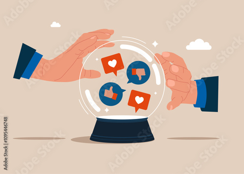 Crystal magic ball and two hands touching crystal ball with social media positive and negative feedback vision. Social media communication. Flat vector illustration