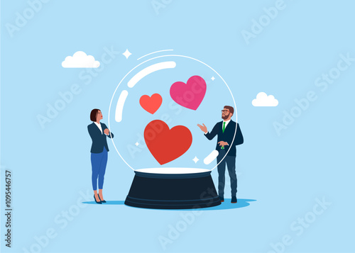 Couple in love holding a crystal magic ball with heart shapes inside. Open for new relationship, heal heart broken or divorce and relationship problem. Flat vector illustration