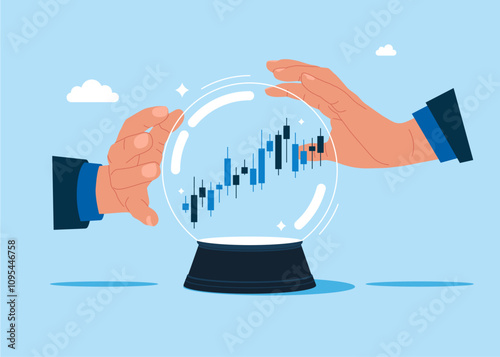 Hands holding a crystal magic ball with candle chart inside. Trader make profit with investment trading, stock market growth, get rich from Crypto trading. Flat vector illustration