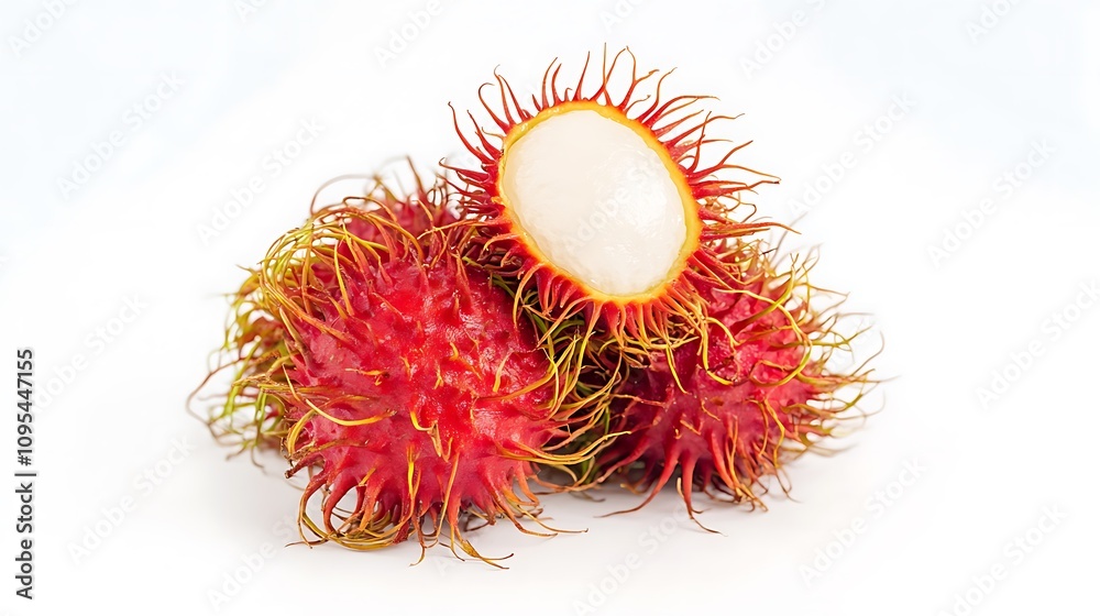 Small group of rambutans with a peeled half rambutan placed on top, isolated close up on a white background Small group of rambutans with a peeled half rambutan placed on top, isolated close up on a white background