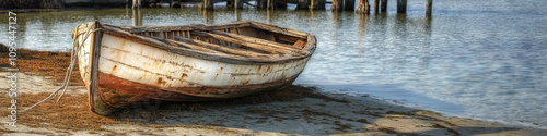An antique wooden sailboat, its sails frayed and weathered, rests on the shore near a rustic dock, inviting you to reminisce about bygone days at sea.