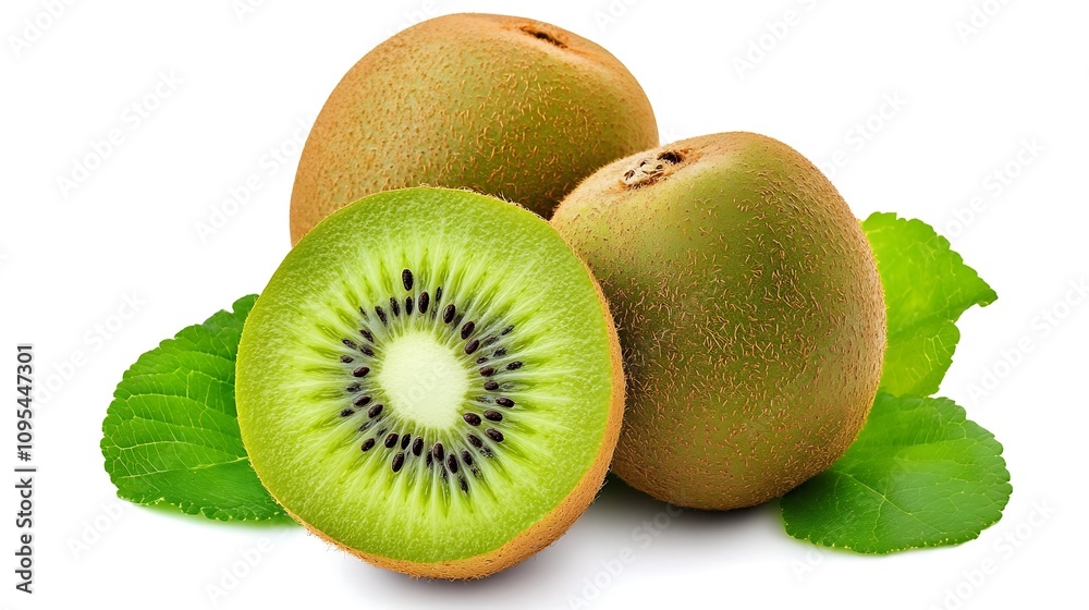 Fototapeta premium A fresh kiwi and its halved counterpart placed alongside green leaves, centered on a white background. The texture and color of the kiwi flesh stand out, enhanced by the natural greenery
